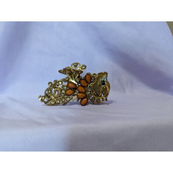 Vintage Gold & Amber Dragon Hair Claw Clip Rhinestones & Intricate Detailing main image 4